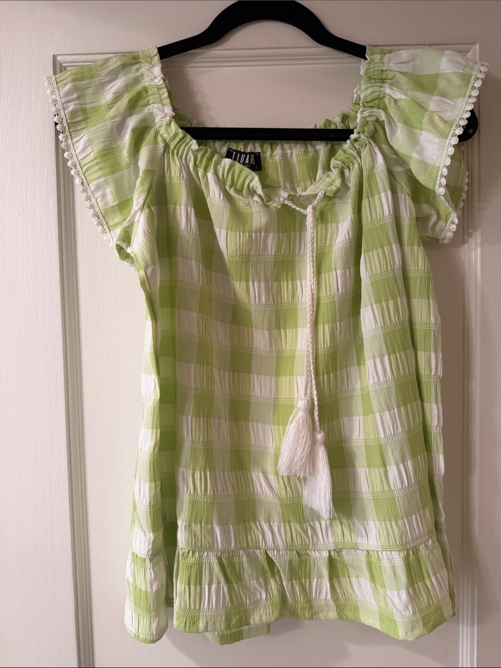 Light Green Gingham Blouse with Tassel Tie